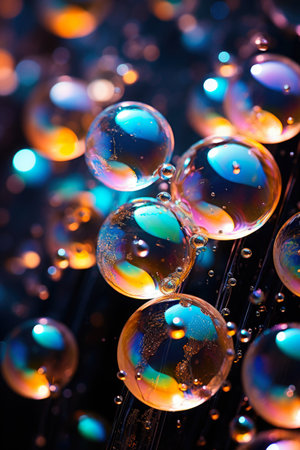 Soap holographic bubble background. Iridescent liquid melted glass wallpaper. 3d abstract dark luxury fluorescent backgroundの写真素材