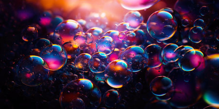 Soap holographic bubble background. Iridescent liquid melted glass wallpaper. 3d abstract dark luxury fluorescent backgroundの写真素材