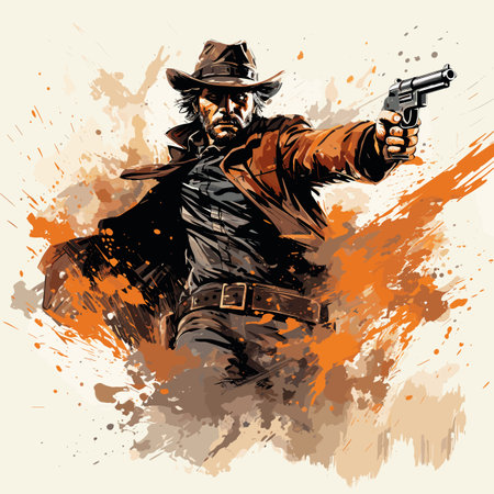 Shooting cowboy hand-drawn comic illustration. Cowboy with a gun. Vector doodle style cartoon illustrationのイラスト素材
