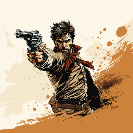 Shooting cowboy hand-drawn comic illustration. Cowboy with a gun. Vector doodle style cartoon illustrationのイラスト素材