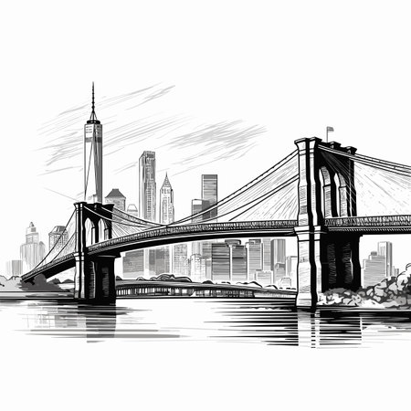 Brooklyn Bridge hand-drawn comic illustration. Brooklyn Bridge. Vector doodle style cartoon illustrationのイラスト素材