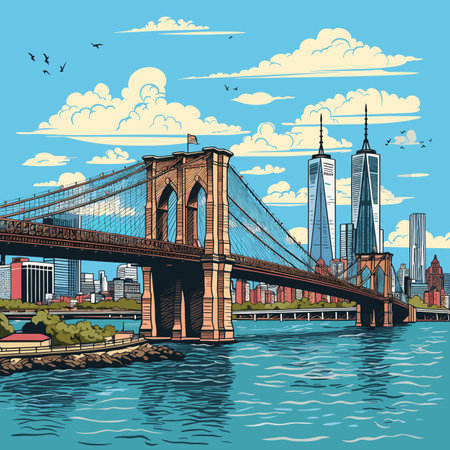 Brooklyn Bridge hand-drawn comic illustration. Brooklyn Bridge. Vector doodle style cartoon illustrationのイラスト素材
