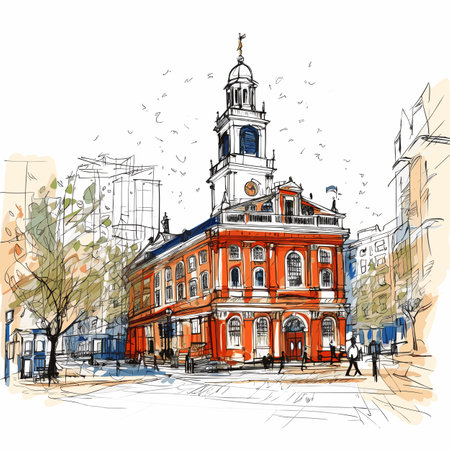 Faneuil Hall hand-drawn comic illustration. Faneuil Hall. Vector doodle style cartoon illustrationのイラスト素材