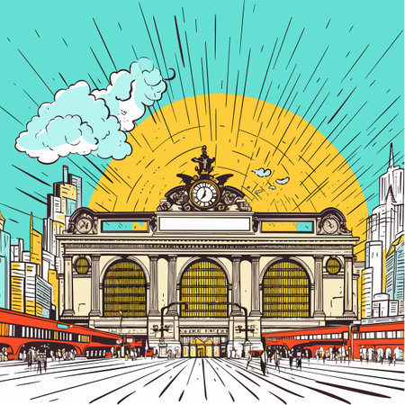 Grand Central Terminal hand-drawn comic illustration. Grand Central Terminal. Vector doodle style cartoon illustrationのイラスト素材