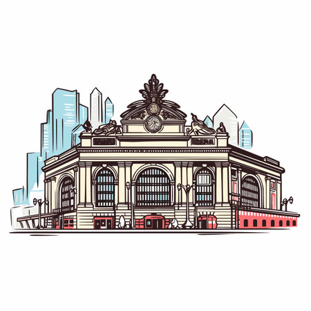 Grand Central Terminal hand-drawn comic illustration. Grand Central Terminal. Vector doodle style cartoon illustrationのイラスト素材