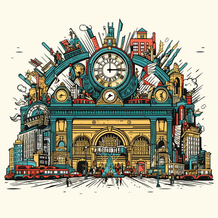Grand Central Terminal hand-drawn comic illustration. Grand Central Terminal. Vector doodle style cartoon illustrationのイラスト素材