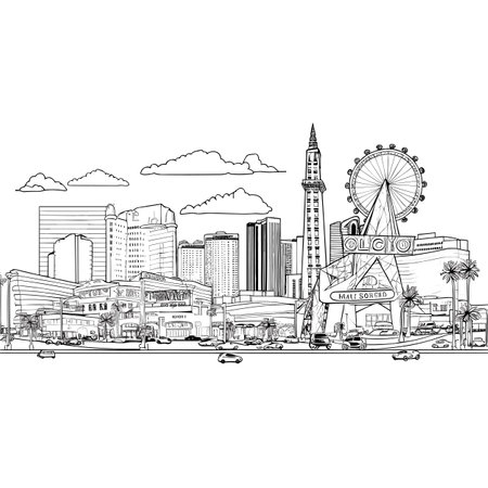 Las Vegas hand-drawn comic illustration. Las Vegas. Vector doodle style cartoon illustrationのイラスト素材