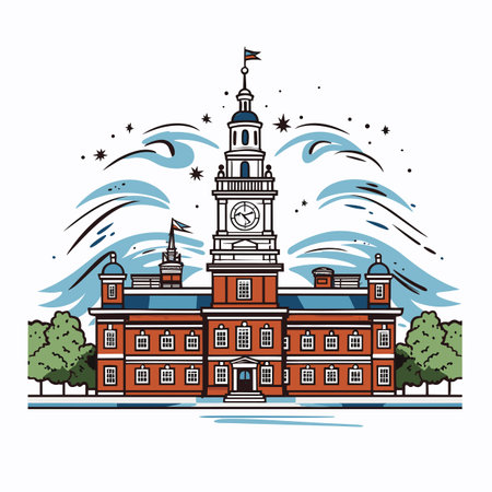 Independence Hall hand-drawn comic illustration. Independence Hall. Vector doodle style cartoon illustrationのイラスト素材
