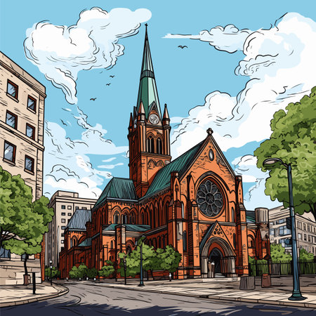 Trinity Church in Boston hand-drawn comic illustration. Trinity Church in Boston. Vector doodle style cartoon illustrationのイラスト素材
