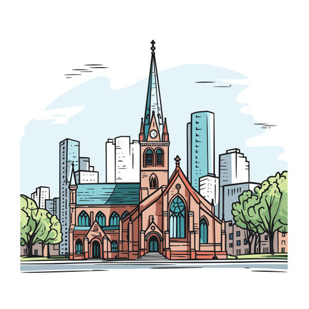 Trinity Church in Boston hand-drawn comic illustration. Trinity Church in Boston. Vector doodle style cartoon illustrationのイラスト素材