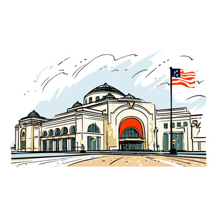 Union Station hand-drawn comic illustration. Union Station in Washington. Vector doodle style cartoon illustrationのイラスト素材