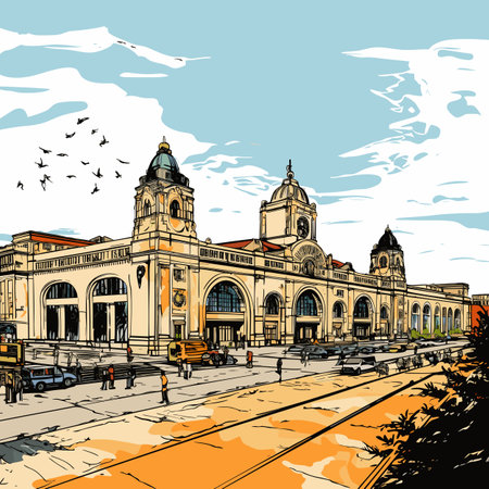 Union Station hand-drawn comic illustration. Union Station in Washington. Vector doodle style cartoon illustrationのイラスト素材