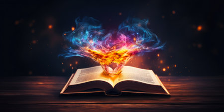 Spell book. Fairy tale come to life. Magically glowing old bookの素材