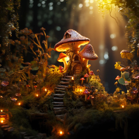 Fairy tale mushroom house in the middle of a magical forest. Miniature fairy house in amanita muscaria mushroomの素材