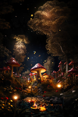 Fairy tale mushroom house in the middle of a magical forest. Miniature fairy house in amanita muscaria mushroomの素材