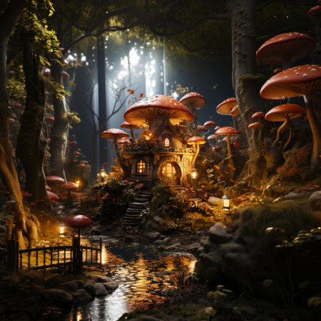 Fairy tale mushroom house in the middle of a magical forest. Miniature fairy house in amanita muscaria mushroomの素材