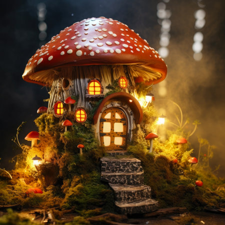 Fairy tale mushroom house in the middle of a magical forest. Miniature fairy house in amanita muscaria mushroomの素材
