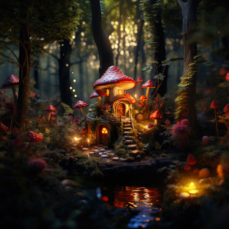 Fairy tale mushroom house in the middle of a magical forest. Miniature fairy house in amanita muscaria mushroomの素材