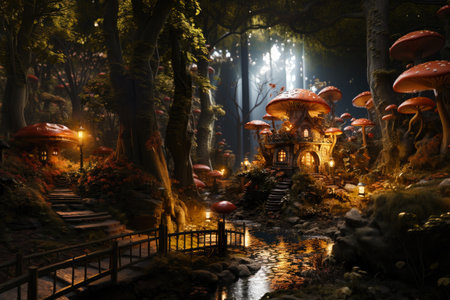Fairy tale mushroom house in the middle of a magical forest. Miniature fairy house in amanita muscaria mushroomの素材
