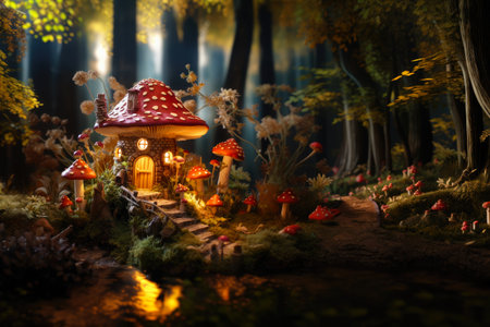 Fairy tale mushroom house in the middle of a magical forest. Miniature fairy house in amanita muscaria mushroomの素材