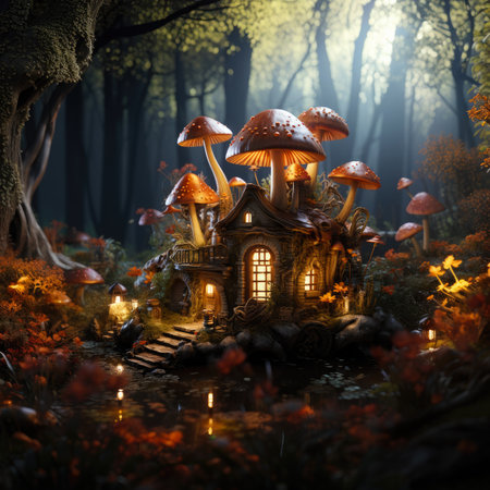 Fairy tale mushroom house in the middle of a magical forest. Miniature fairy house in amanita muscaria mushroomの素材