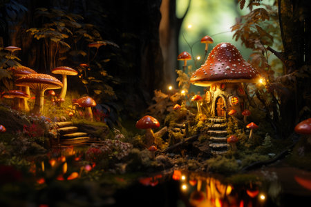 Fairy tale mushroom house in the middle of a magical forest. Miniature fairy house in amanita muscaria mushroomの素材