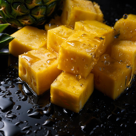 Pineapple chunks background. Pineapple banner. Close-up food photographyの素材