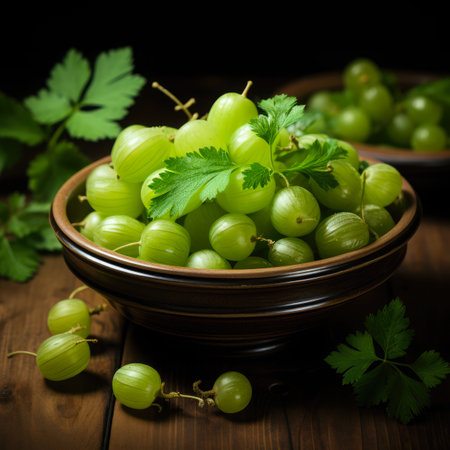 Bowl full of gooseberries. Gooseberry banner. Close-up food photography backgroundの素材