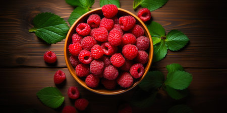 Bowl full of raspberries. Raspberry banner. Close-up food photography backgroundの素材
