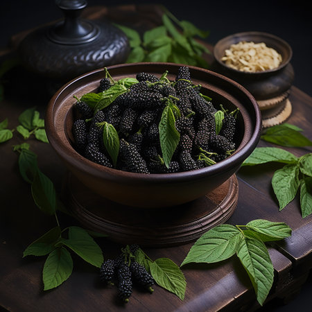Bowl full of mulberries. Mulberry banner. Close-up food photography backgroundの素材