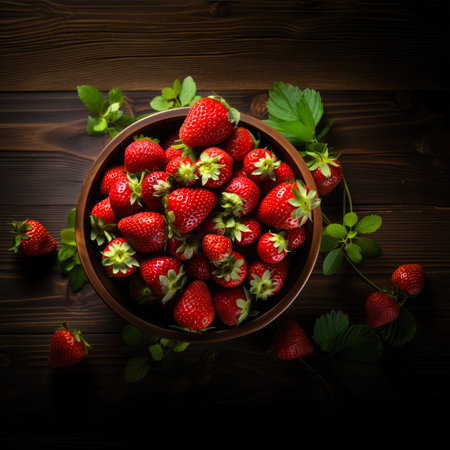 Bowl full of strawberries. Strawberry banner. Close-up food photography backgroundの素材