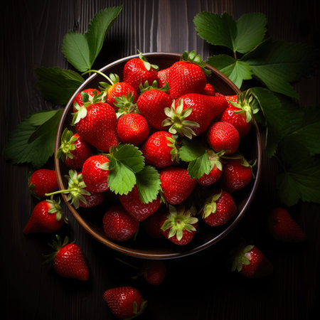 Bowl full of strawberries. Strawberry banner. Close-up food photography backgroundの素材