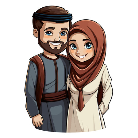 Arabian couple hand-drawn comic illustration. Vector doodle style cartoon illustration. Arab coupleのイラスト素材