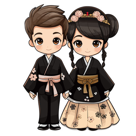 Japanese couple hand-drawn comic illustration. Vector doodle style cartoon illustration. Japanese coupleのイラスト素材