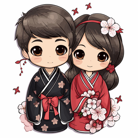 Japanese couple hand-drawn comic illustration. Vector doodle style cartoon illustration. Japanese coupleのイラスト素材