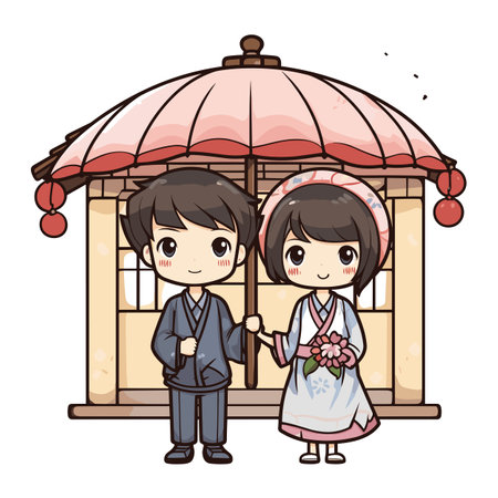 Japanese couple hand-drawn comic illustration. Vector doodle style cartoon illustration. Japanese coupleのイラスト素材