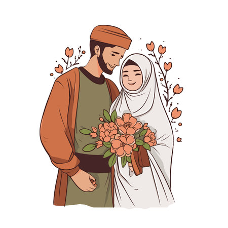 Muslim couple hand-drawn comic illustration. Vector doodle style cartoon illustration. Muslim coupleのイラスト素材