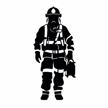 Fireman silhouette. Firefighter black icon on white backgroundのイラスト素材