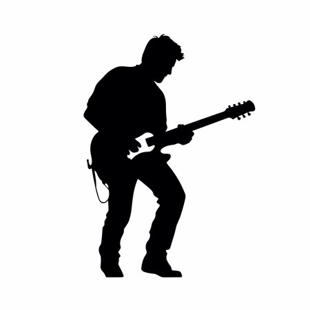 Guitarist silhouette. Guitarist black icon on white backgroundのイラスト素材