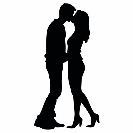 Kissing couple silhouette. Kissing couple black icon on white backgroundのイラスト素材