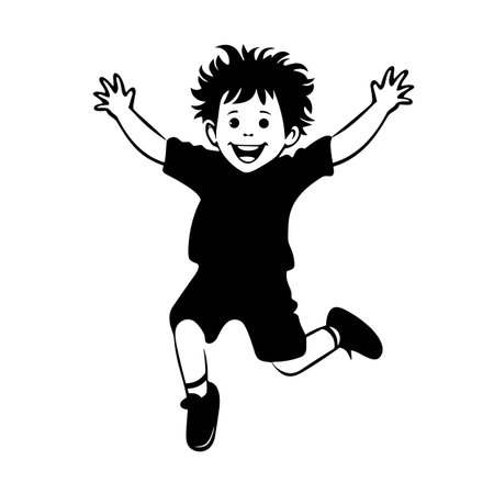Jumping kid silhouette. Jumping kid black icon on white backgroundのイラスト素材