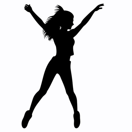Jumping girl silhouette. Jumping girl black icon on white backgroundのイラスト素材