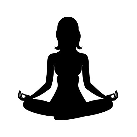 Meditating woman silhouette. Meditating woman black icon on white backgroundのイラスト素材