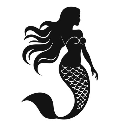 Mermaid silhouette. Mermaid black icon on white backgroundのイラスト素材