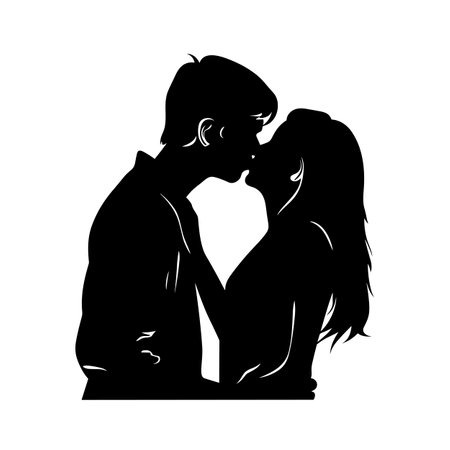 Kissing couple silhouette. Kissing couple black icon on white backgroundのイラスト素材