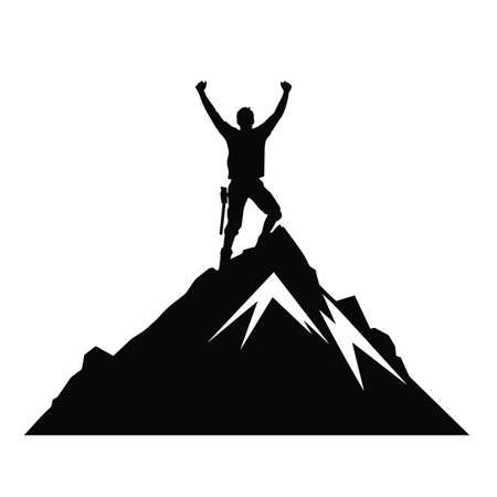 Silhouette of a man on top of the mountain black icon on white background. Man celebrates success at the top of the mountainのイラスト素材