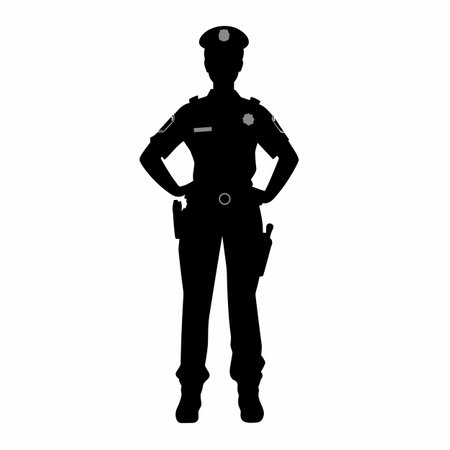 Female police officer silhouette. Police officer woman black icon on white backgroundのイラスト素材