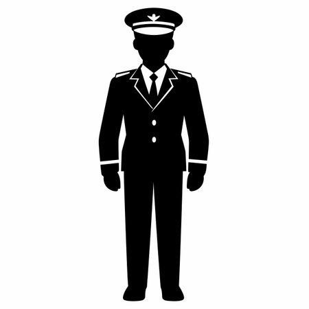 Pilot silhouette. Male pilot black icon on white backgroundのイラスト素材