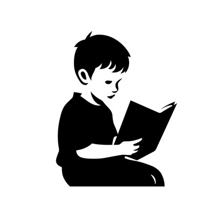 Reading boy silhouette. Boy reading a book black icon on white backgroundのイラスト素材