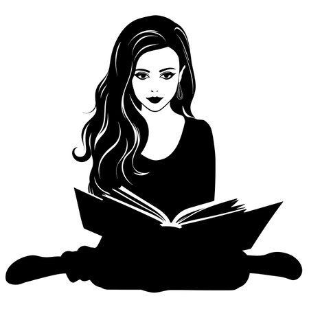 Reading girl silhouette. Girl reading a book black icon on white backgroundのイラスト素材
